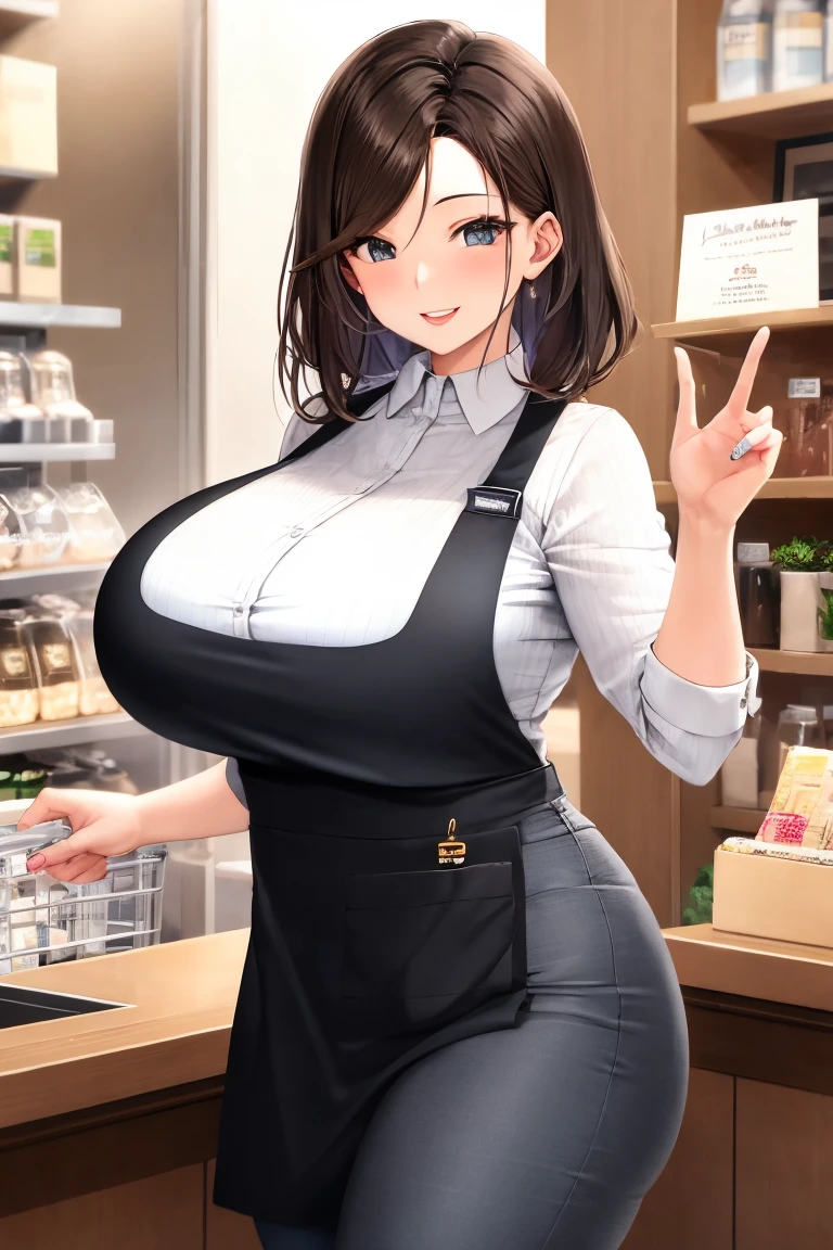 2heads, a chubby black woman with 2 heads. Dark brown skin. Working behind the counter at the register at a coffee shop. Wearing apron with store logo, wearing worker uniform. Cleavage. Mature, milf. Messy short frizzy brown hair. Thin face, cute face. Smiling. Blushing. Thick eyeliner. Eyeshadow. Baggy eyes. Extremely tall. Freckles, many freckles. Covered in freckles. Big saggy breasts covered in freckles. Huge saggy breasts, hanging breasts. Close up, intimate. Slutty.