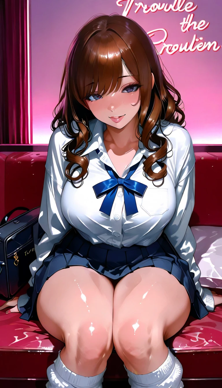realistic anime,adult body,tanned gyaru,cute round face,brown hair,curvy body,thick thighs,school cardigan,white shirt,checked pleated skirt,navy skirt,look at viewer,loafers,loose socks,detailed skin,at her room,pink bed,lying on back on bed and spreading legs,pink string panties,pubic hair,vaginal penis,having sex,