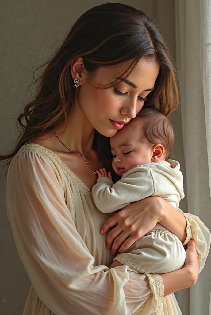 8K,RAW photogr,Best quality at best,masterpiec,mother carrying baby,bedroom backgroung multra hd,ultra detailed,detailed body