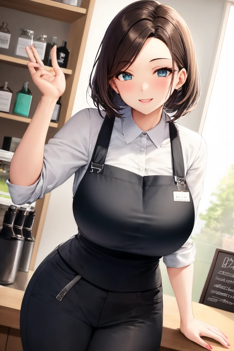 1girl, solo, brown ponytail, naked:1.2, (apron), large breasts, thighs, cafe background, smiling, blushing:1.1