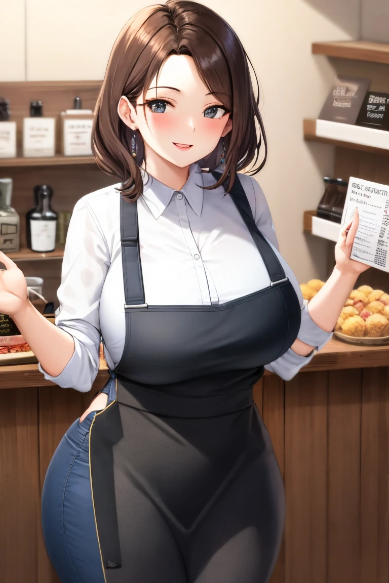 shopkeeper, mature woman, old woman, beautiful, long hair, brown hair, tied hair, wearing simple clothes, big breasts, sitting, waiting for customers, hands, upper body, 8k, earrings, looks like an old woman, looks like a woman who already has children, hands, sexy,