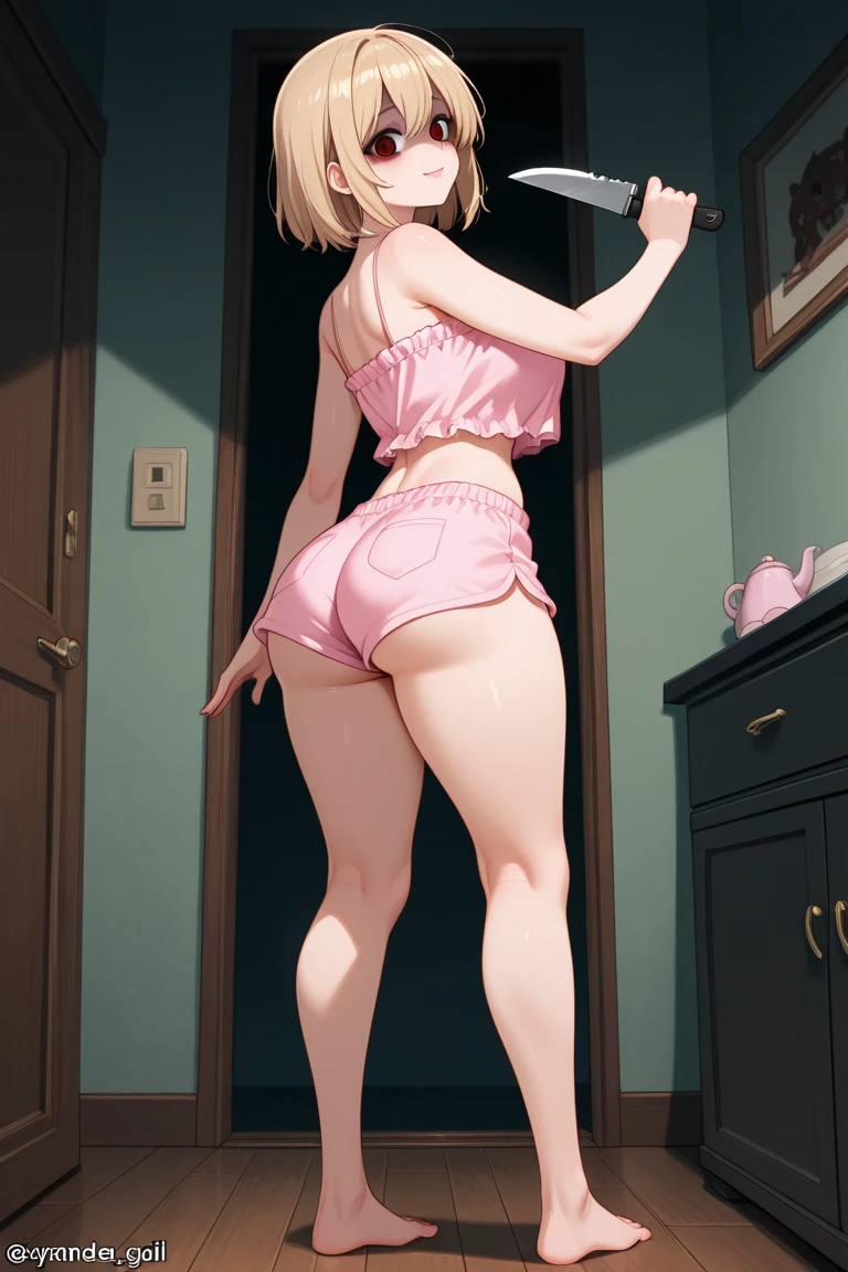 ((full body)), 1girl, solo, nakano ichika, pink short hair, ((pink underwear:1.4)), medium breasts, ((kneeling)), ((looking back)), ((smile face)) ((living room background))