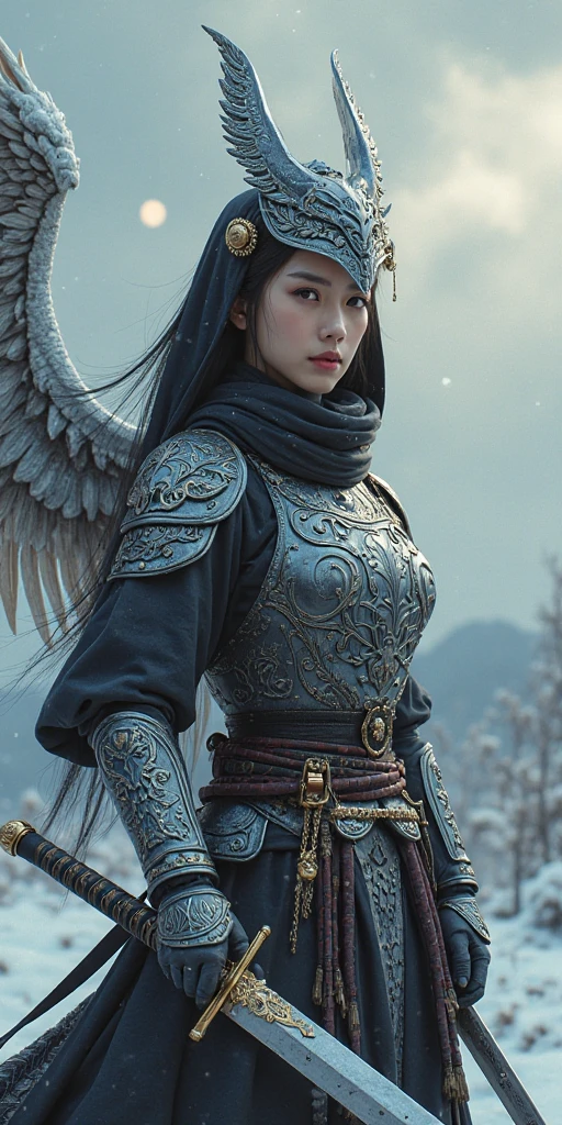 (warrior ancient dark armour),fight angel (white wings)with ouyang nana face(two bun hair),dark armour,photo hd,4k,8k