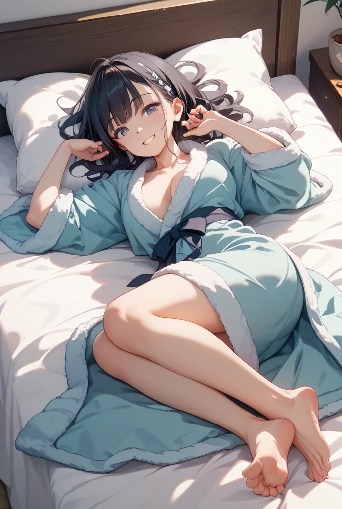 in 8K、top-quality、​masterpiece、ultra-detailliert、Ultra-high resolution、Anime style、traditional Japanese room、natta、Dark room without windows、((1 persons))、girl with、A dark-haired、Braided hair、Light-colored yukata、On the futon、cleavage of the breast、bare shoulders​、((Sleeping on your back))、Spread your arms、Perspective from above