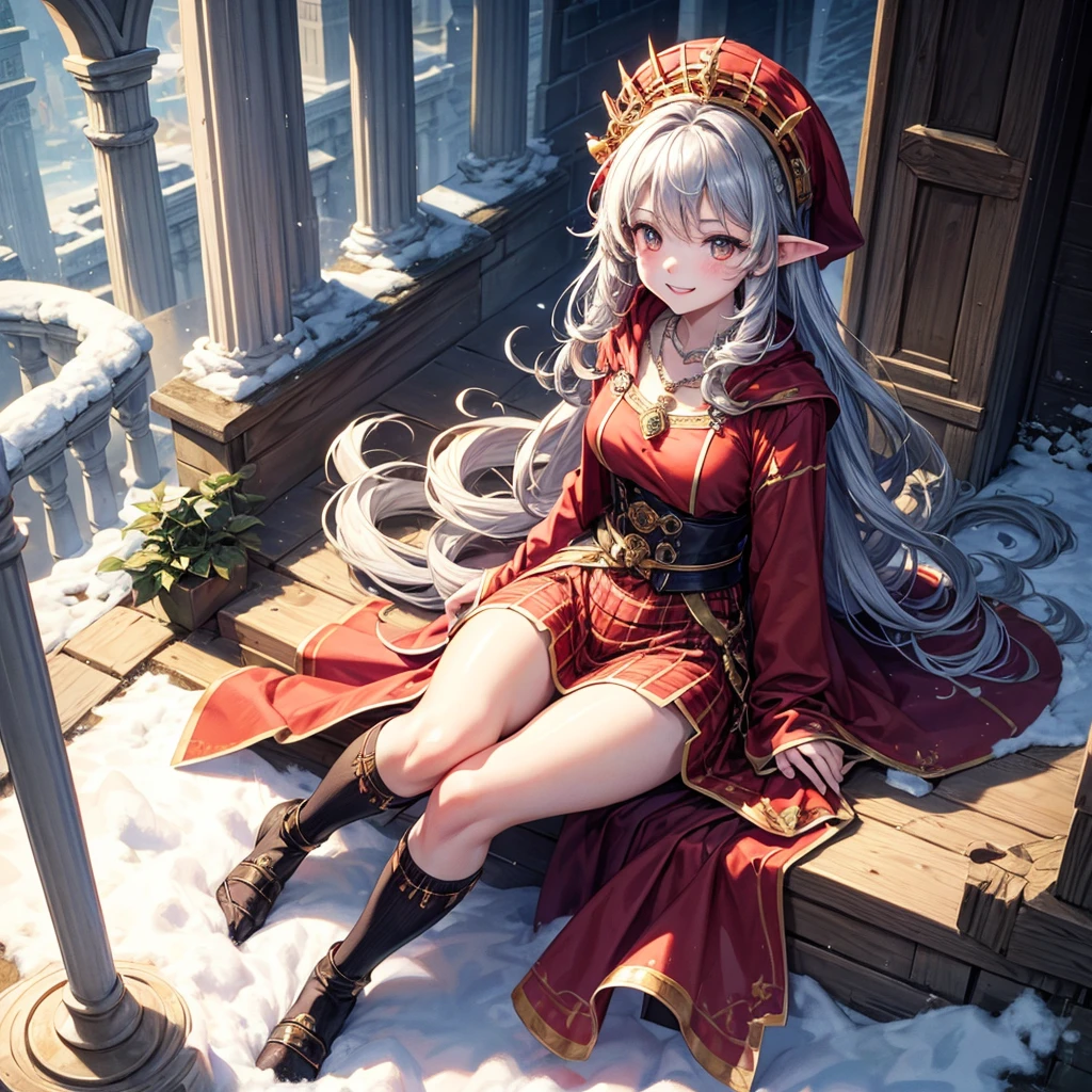Anime mature woman,she had a long silver hair with straight bangs,she had a red eye, she's have a elf ear,she wearing an red long elegant dress,she hugging a fluffy cat,scenery is beautiful medieval homie behind her
