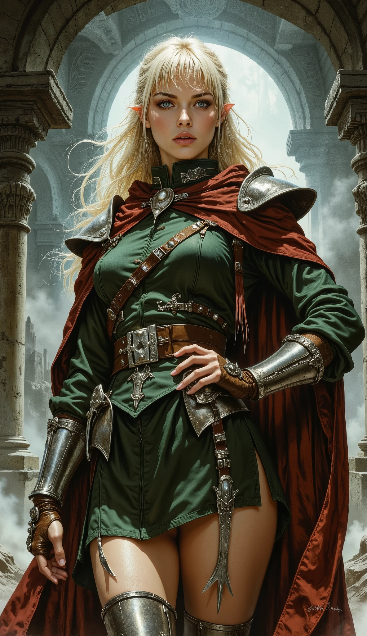 1970s fantasy film still, ((masterpiece)), ((best quality)), ((ultra-detailed)), cinematic lighting, dramatic low-angle shot. A young imperial female military officer, ((platinum blonde long hair with choppy bangs)), arched crescent eyebrows, sharp piercing eyes, delicate oval face, ((serious and stern commanding expression)). She wears a ((meticulously detailed fantasy-style green military uniform)) with matching short skirt, a ((rich dark red waist-length cloak)), and rugged leather long boots adorned with ((ornate silver greaves)). Pose: one hand firmly on hip, head tilted upwards, ((gazing down with a commanding presence and authority)). Background: subtly hints at a fantastical, epic setting, slightly out of focus to emphasize the character. Colors: rich vintage color palette, characteristic of 70s epic fantasy films, slight film grain. Atmosphere: heroic, powerful, formidable, creative, professional, exquisite, precise.