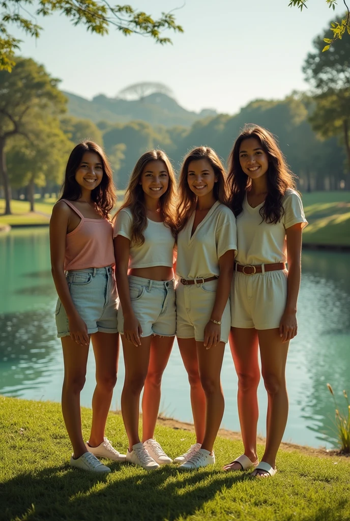 Generate a highly realistic image of three young girls, around 8-10 years old, enjoying a relaxing afternoon in a sunny park. They are lounging on a grassy area, dressed in casual summer outfits: mini shorts and light tops. The first girl is lying on her back, looking up at the sky with a dreamy expression, her arms resting under her head. The second girl is sitting cross-legged beside her, with a smile on her face as she braids the third girl’s hair. The third girl is sitting comfortably, enjoying the attention, with a small, playful grin.
The park scene is filled with lush greenery, with trees casting dappled shadows on the grass. Background elements include colorful flowers, a distant playground, and a few people enjoying the park, adding to the lively yet tranquil atmosphere. The sunlight should be warm and natural, casting gentle highlights and shadows that enhance the vibrant colors of their clothing and the surrounding flora. Add subtle details like a picnic blanket, a few scattered toys, or a small picnic basket with snacks nearby to enhance the realism. The girls’ interactions should reflect a se