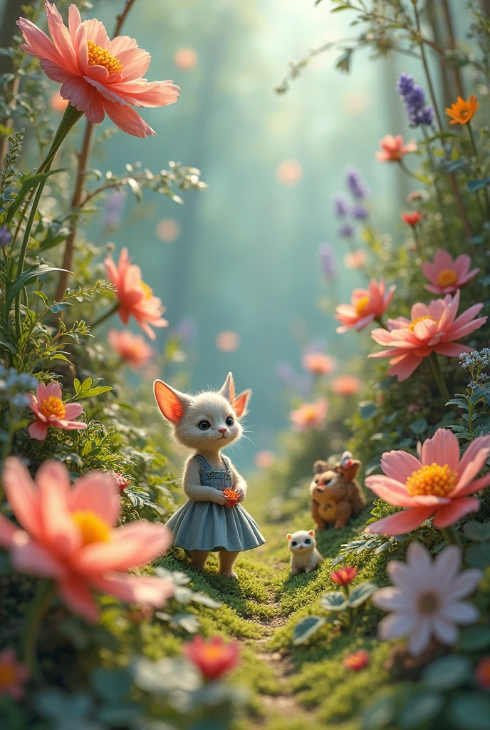Describe a scene where a girl with chestnut-colored hair is sitting gracefully in a flower field, holding a small white ferret. She has a gentle smile on her face as she admires the surrounding flowers, enjoying a peaceful moment with the little ferret. The background is filled with vibrant blooms, and a gentle breeze adds to the pleasant atmosphere.