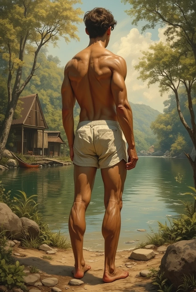 photorealistic, perfect compositicion, simetryc lay out, in a museum, a young man, gorgeous, latino, handsome, standing, tall, barefoot, pantless, detailed realistic muscles, simetryc body is watching a master piece large oil painting by peter paul rubbens with a train a mansion, black horse, dogs, river a moutain and red, yellow, orange, blue, white, flowers,, ultra-detailed, ultra realisitic, intricate details