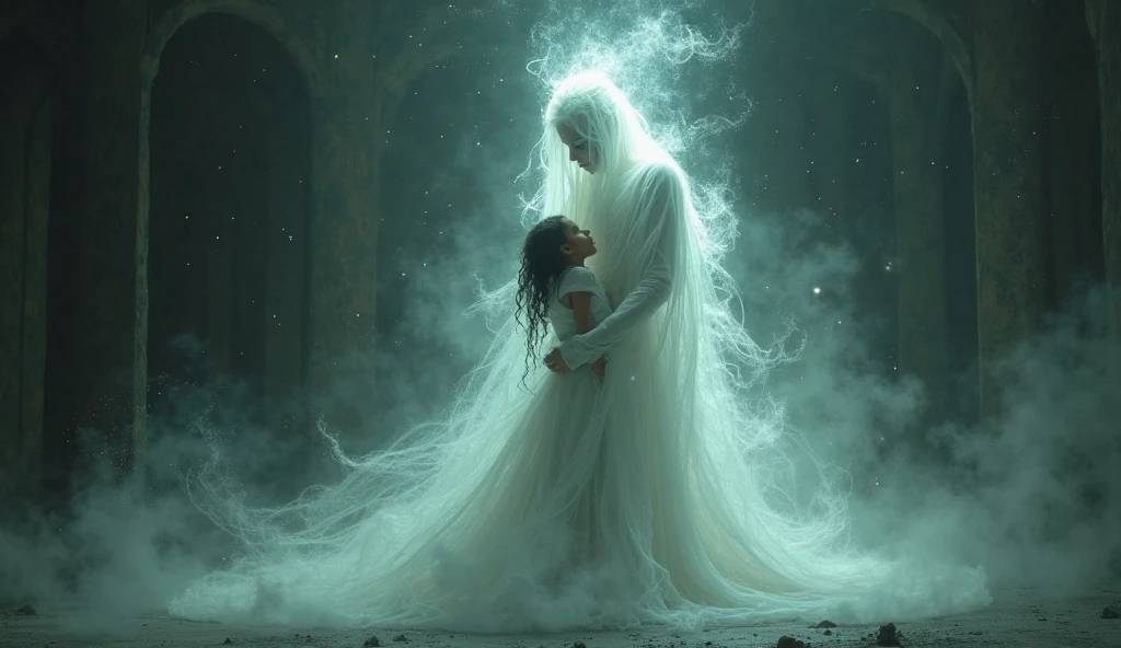 A little dark-haired girl hugging a spirit with tears in her eyes.
In a valley of shadows
