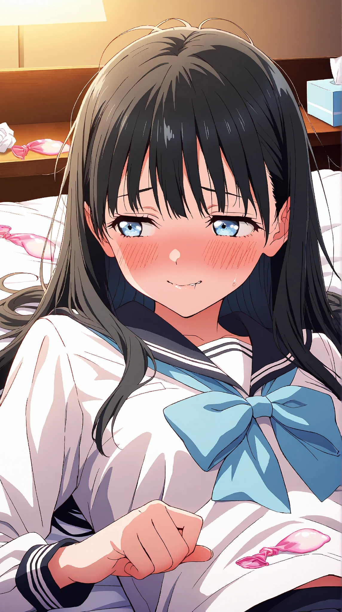 {Highest quality], [so beautiful], [Ultra-fine], [Best illustrations], Browsing Caution,Black Hair, Hime cut, Long Hair, With bangs, girl,high school student,uniform,knit,skirt,smile, blush, Slender women, Adult female,(public),,diagonal, Navy blue knee socks,Black Loafers.night,Health Room,Lying in bed feeling unwell