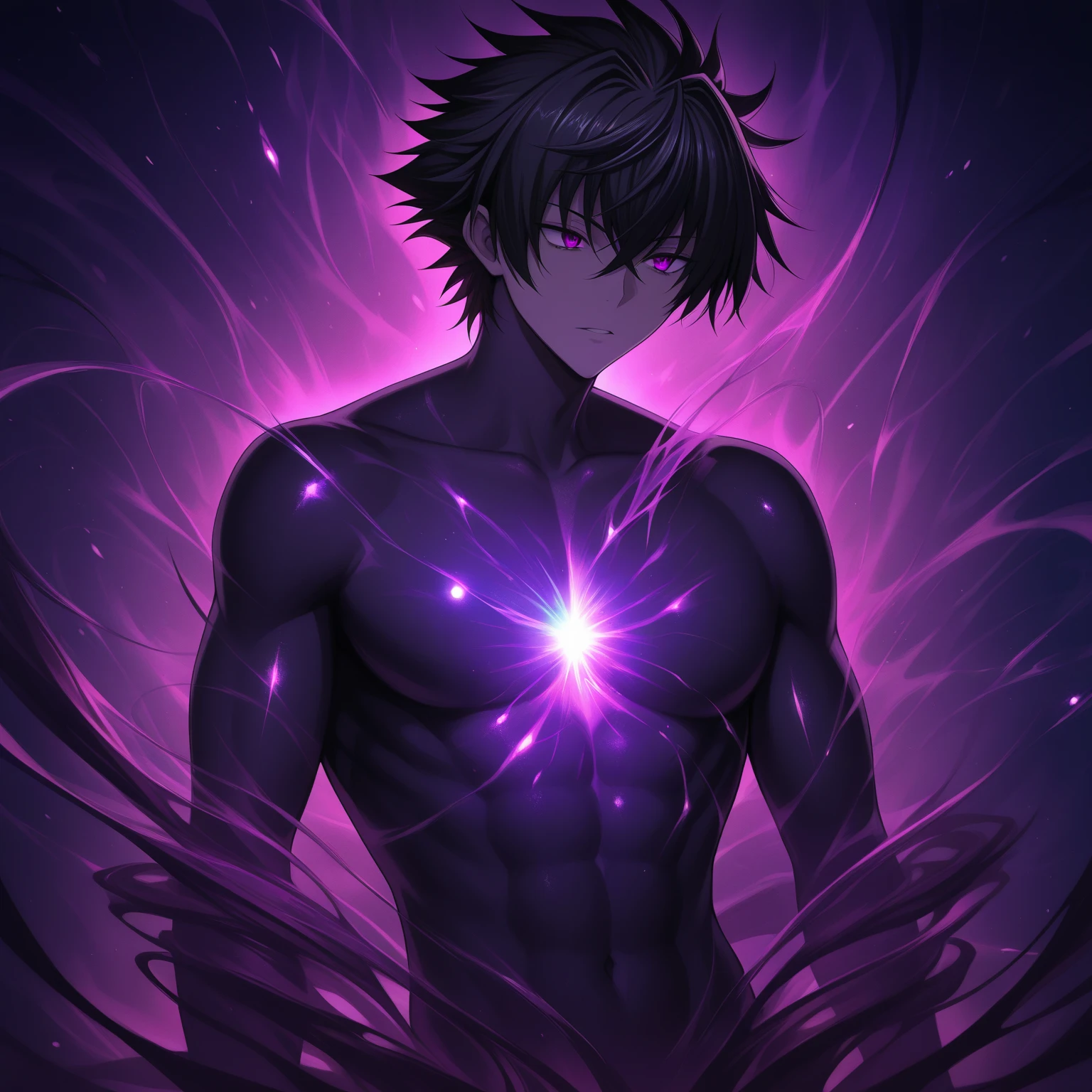 (masterpiece, best quality), 1boy,mtu,Lying on a huge amethyst stone,Curl up,ssmile,Very developed muscles,Flat chin,Pink briefs,musculous, Short purple hair with a very light color,Heterochromatic eyes in gold and purple, 复杂,Black collar, nakeness, Skinny briefs,Pectoralis abdominal muscles,cleanness,vivd colour,(depth of fields:1.2),(abs),The upper part of the body,looking at viewert,Lying on a huge amethyst stone,The body curls up,Asian people,chineseidol,upperbody closeup,the night,No light source
