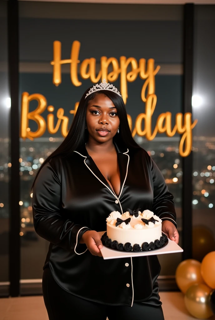 A fat black woman in golden color wedding dress sitting in flor and have a signboard with name YAZZI I live you in signboard and holding in his both hand