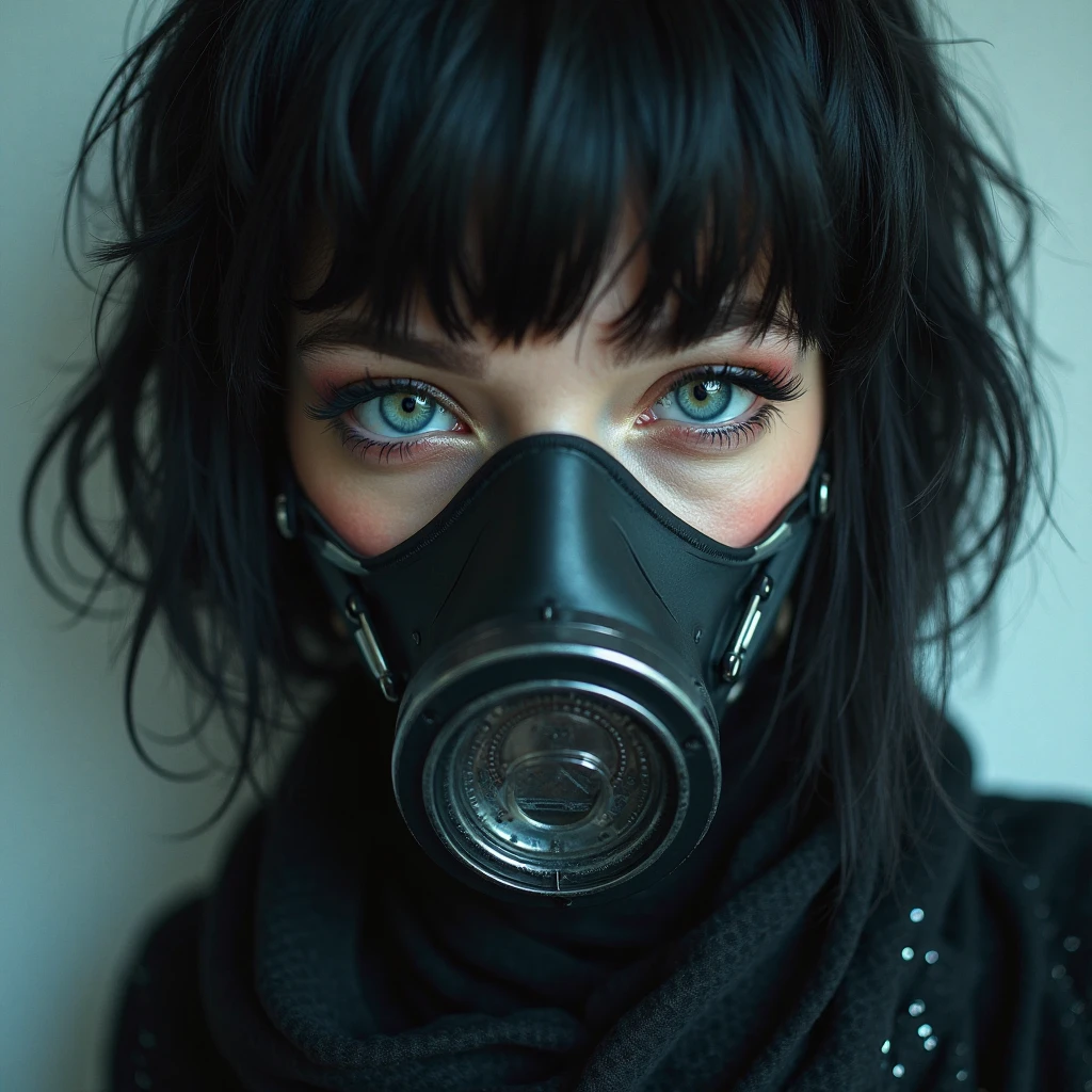 ((best quality)), ((masterpiece)), (detailed), Teen gothic girl with a purple and black ponytail and a muzzle, like for dogs. She is toned, having an orgasm in her bedroom.