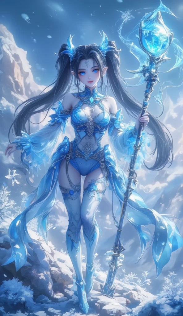 A beautiful woman in a blue dress and long hair, Her intense gaze and pale skin contrast with the cold ice landscape that surrounds her.. The detail in her dress and hair is impressive., Every fold and strand of hair is meticulously rendered in this hyper-realistic work of art..