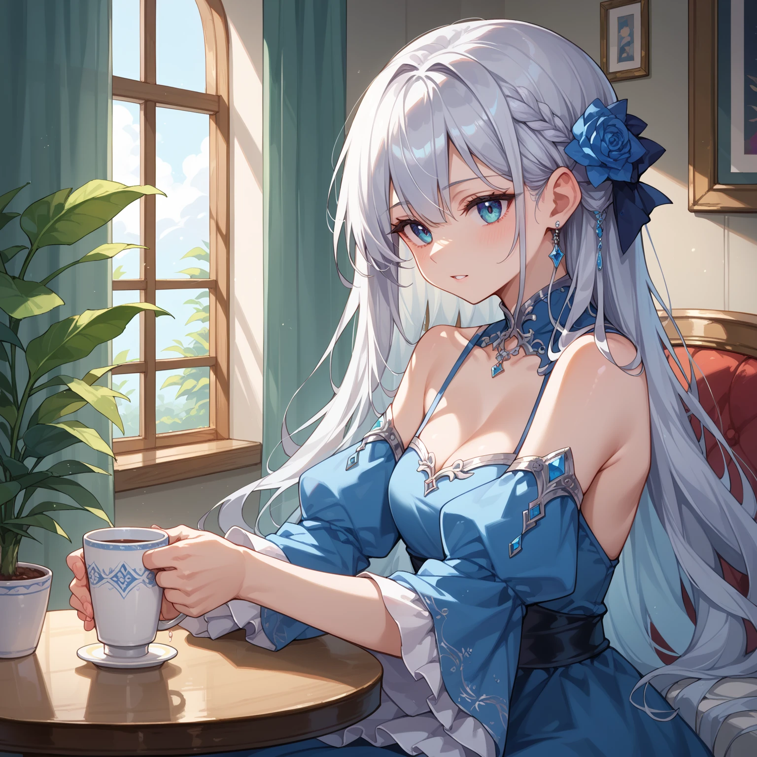 A beautiful woman with long white hair, gorgeous blue eyes, Ultra HD (ultra detail) looking at the viewer wearing a pretty dress with a neckline, drinking tea on a table, high resolution, soft focus