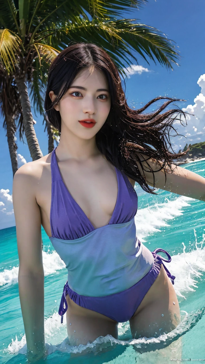 masterpiece, High resolution, perfect face, beauty of japan, 30 years old, beautiful face, beach, purple bikini, embarrassed look, top quality eyes, detailed texture, look at me, Married woman, cool women, high resolution eyes, black hair, ass, (ass job)