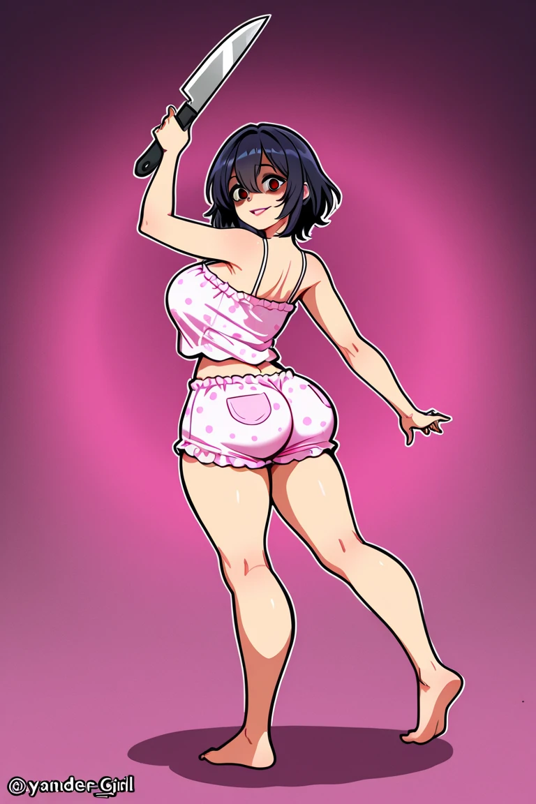girl in booty shorts, wearing oven mittens tucked in pockets, blindfold

