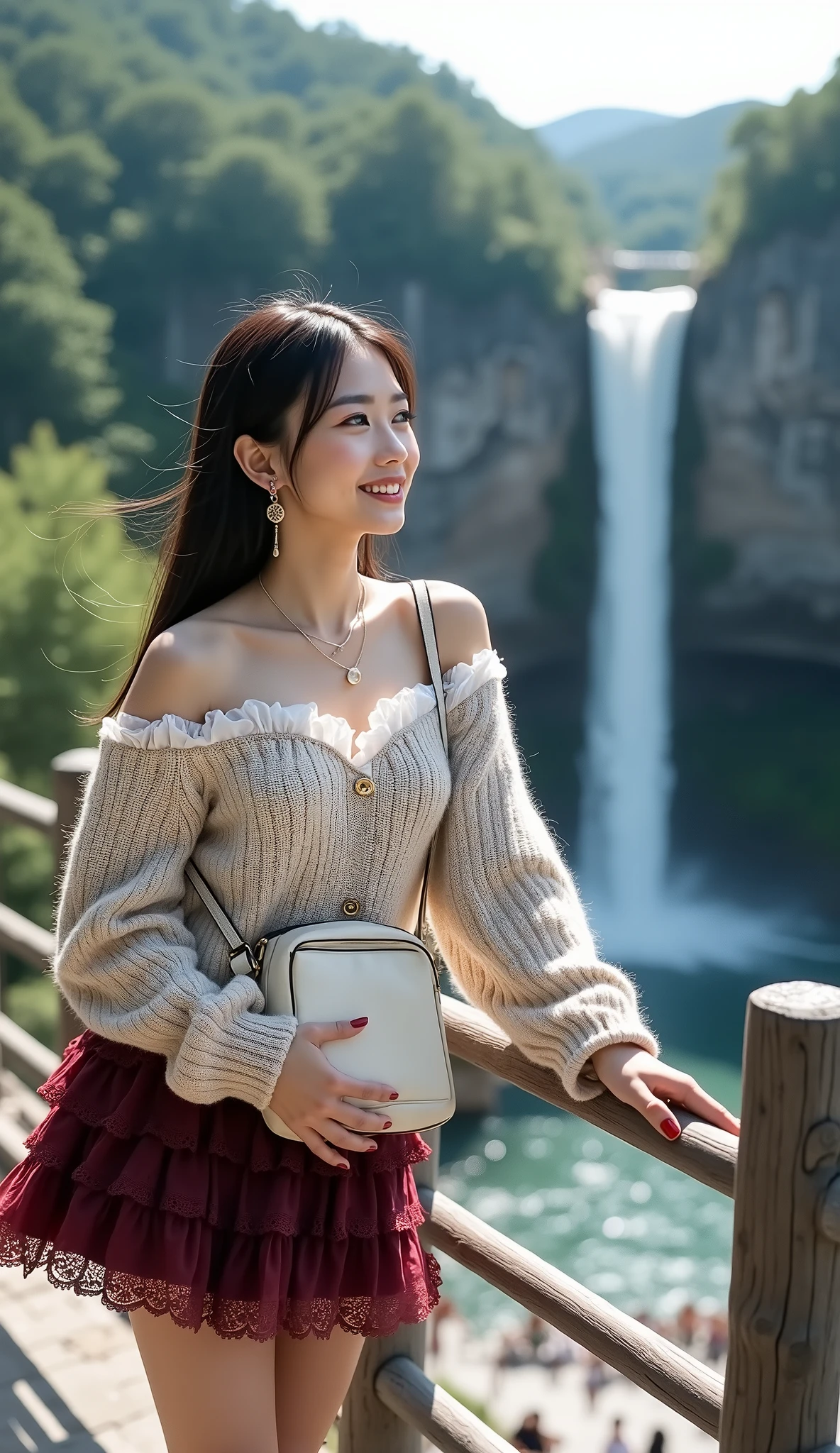 ((full body shot:1.5))、(A petite young Japanese woman touring a mountain tourist spot)、A waterfall with a long, narrow drop surrounded by forest in the background、It is crowded with many tourists、A woman grasping a fall prevention fence and looking at the waterfall basin、((dating))、morning、big smiles、((white off-shoulder knitted sweater with lace frills))、(burgundy lace ruffled flared mini skirt)、beautiful thick thighs、white frilly socks、wine-red pumps、small white shoulder bag、simple necklace、Simple Ring、simple earrings、white skin、BEAUTIFUL BLACK HAIR、straight long hair、light makeup、(dynamic pose:1.4)、(Beautiful huge breasts)、Accurate depiction of hands and feet、RAW pictures、16K、Reality、professional photography techniques、Ultra High Definition、16K、Real Photo