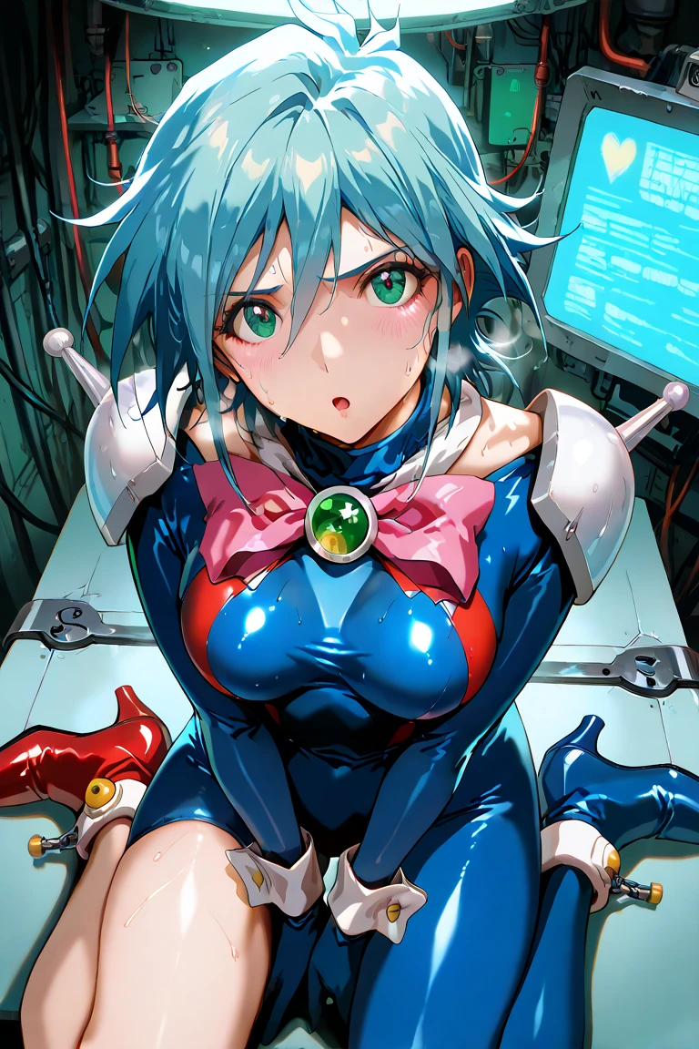 ((masterpiece)), ((best quality)), (ultra-detailed), ((kawaii)), cute, (lovely), ((y)), (ero), ((extremely detailed)), 4K, (8K), best quality, (beautiful), in the middle, bedroom, a pretty girl, robot suit, robot, beautiful silver hair, beautiful green eyes, ((beautiful eyes)), white-skinned, short hair, blunt bangs,gigantic brergasm,see smile,parted lips,spoken many hearts,saliva,sweat,topless,show off nipple,breast mttomlesh pussy,pussy juice,masturbatying ok,m legs,nsf