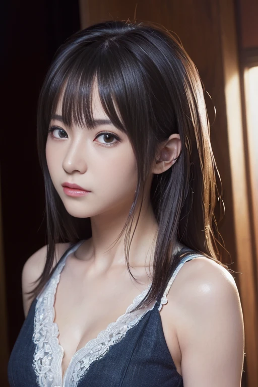 a beautiful indonesian girl with dark hair white skin wearing black tanktop, show off armpits, sweet eyes angle, ultra HD 8k, hyper realistic, photography, cinematic, photographic, wide angle, detailed visuals, 3D renders, soft textures, photorealistic, realistic skin texture, dark room at night, closeup zoom-in