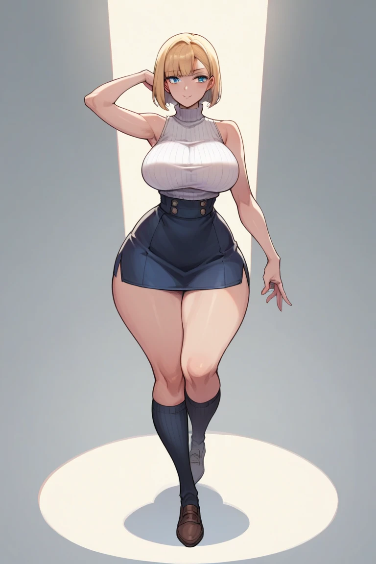 one female with blonde ponytail, black dress, tank top, blue eyes, dancing with a guy, thicc, soft body, showing full legs, curvy hips, thick thighs, wide hips, big ass, ALONE, SOLO, blushing, full lips, detailed finger, super detailed face, detailed lips, detailed eyes