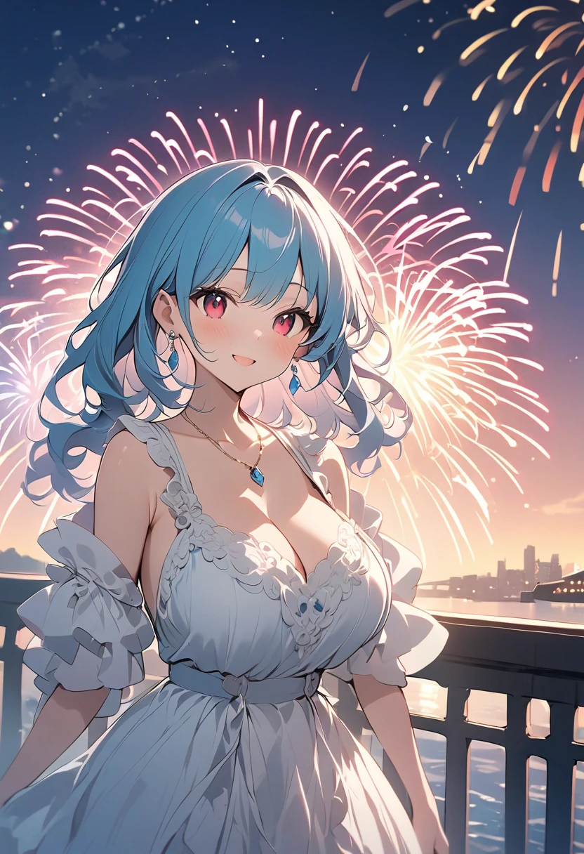 1girl, breasts, ,people,blue hair, blue eyes,ringed eyes ,Nejire Hado\(my hero academia\), large breasts, smile, looking at viewer, blush,braided hair,bangs, closed mouth, bare shoulders, collarbone, cowboy shot,black dress,black long gloves,low light environment,dim ambience,gala background,night time,curvy,fireworks,upper body