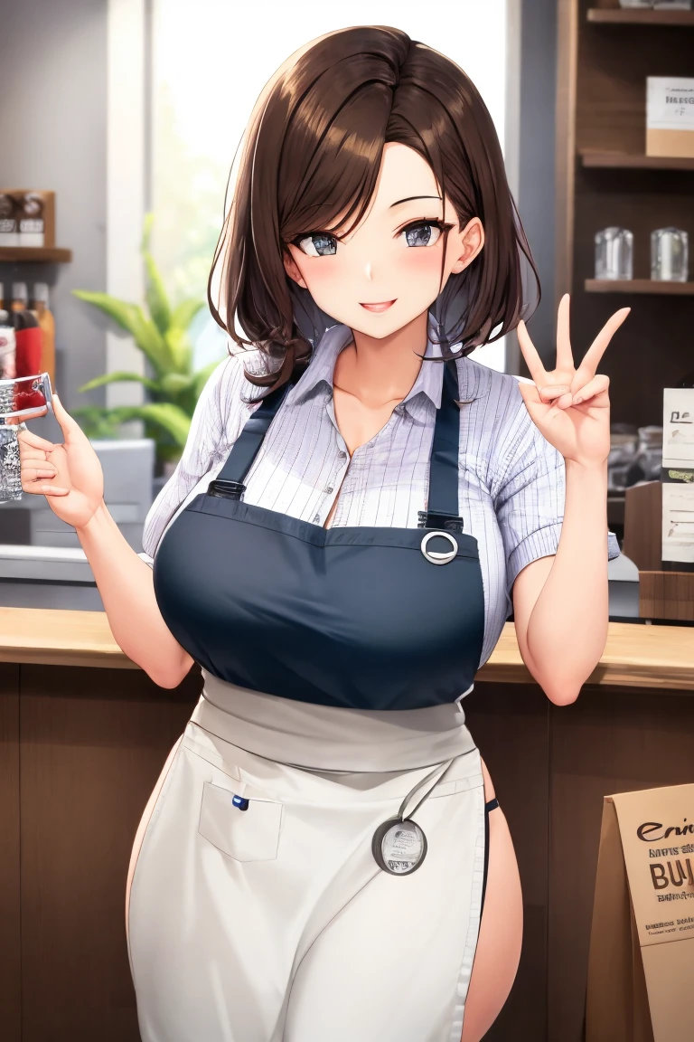 (be familiar with, masterpiece, highest quality, Complex),

cowboy shot, Kyoka Tachibana,

big breasts, 
1 girl, alone, At a convenience store,
cute eyes, beautiful face, perfect round butt, 
fit and body, female pervert,

The jacket is a cute thin shirt, Cleavage is exposed, Beautiful woman in a white shirt and miniskirt, super mini tight skirt, smile, 

black high-heels, Thighhighs, black_leg wear,

early teens, alone, pale skin,
blue eyes, ((beautiful mature woman)),
no_bar,

enchanting smile, naughty face, Sweat, vapor, embarrassed, blush, Excited, (spoken heart),

Are standing, Best Sexual Poses, cover the crotch,

(At a convenience store), Near the Ocean shore, (window, Ocean, null, cloud, Day), summer, indoor, perspective, bright lighting, Shelves with many products displayed, white wall,