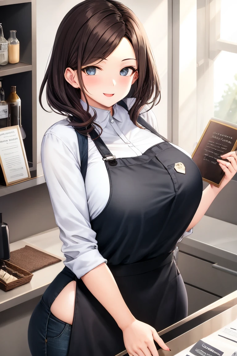 (style of OsamuTezuka:1.5),  Japanese Manga Artist (Late 20th to Early 21st Century): A (Picturesque glorious young woman with Huge Breasts and Slender body feeling Guilty:1.3) with black hair in a pixie cut, dark brown eyes, pale skin, petite, wearing casual, comfort-oriented (work clothes:1.2), often short, with a fabric apron full of pencils and markers, (glasses:1.1). She is nestled in a brightly lit studio, adorned with anime posters, colorful LED lights, piles of manga magazines, a digital drawing tablet, pens, sketchbooks, and inspirational figurines. The ambiance is creative and energetic.