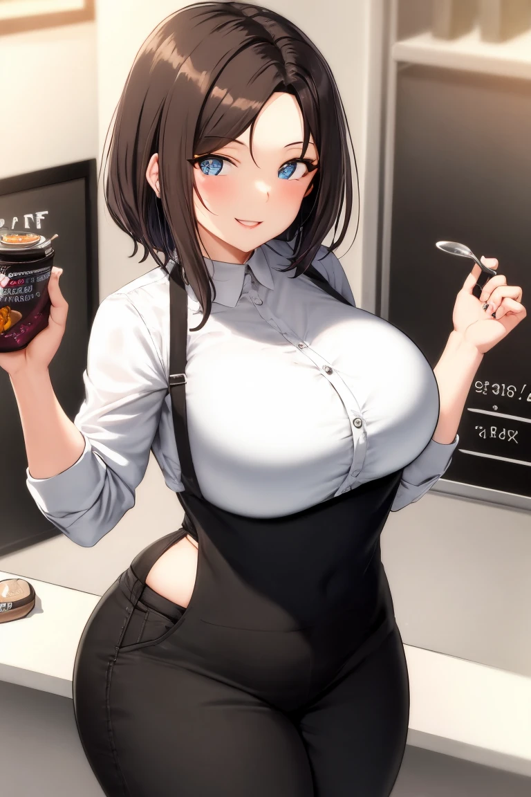 1 girl, alone, animal_ears, breasts, cat_ears, open_mouth, simple_background, smile, short_hair, cleavage, looking_at_viewer, blue_background, blue_hair, bare_shoulders, fluff_from_animal_ears, black_eyes, blue_eyes, background, meme, 1 girl, breasts, pale_skin, bare_apron, pale_skin , alone, apron, thick_thighs, disposable_cup, english_text, marker, wide_hips, thighs, blush, holding, cup, cleavage, purple_eyes, coffee, blurred_background, curvy, speech bubble, areola_slip, black_nails, green_apron, looking_at_viewer, holding_cup, bare_hips, blurred , big_breasts, collarbone, indoors, pen, covered_nipples, bare_shoulders, coffee cup