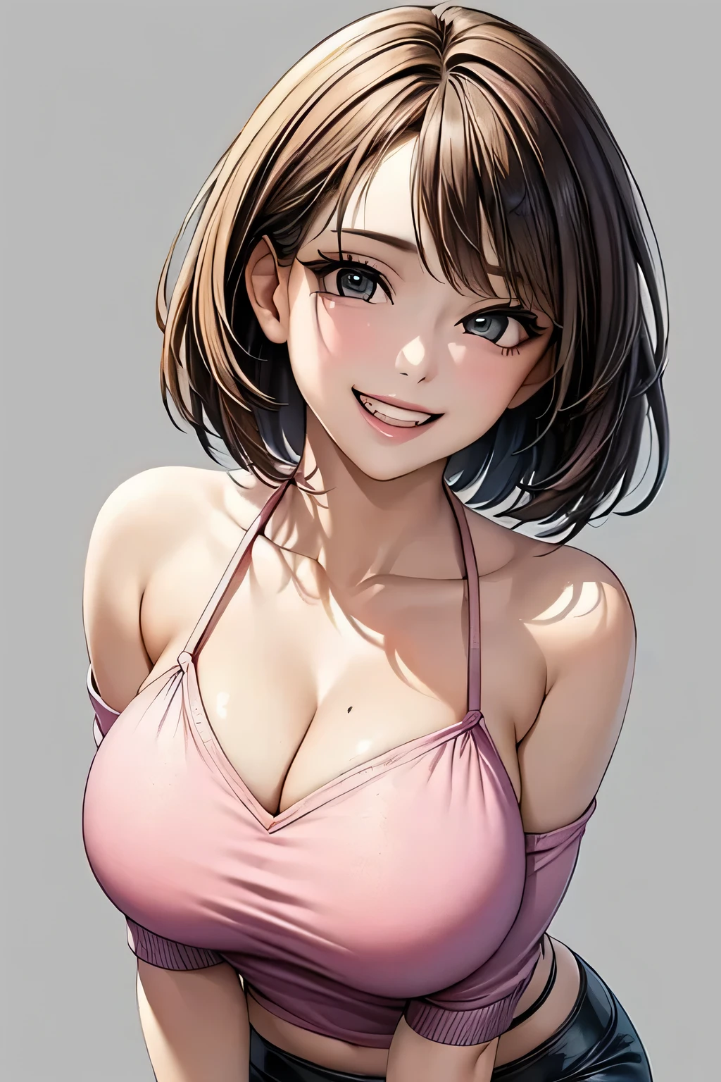 masterpiece,best quality,1girl,breasts,smile,short hair,brown hair,light brown hair,purple eyes,hair over one eye,breast,one strand hair presentingpanties,panties, holding,holding panties