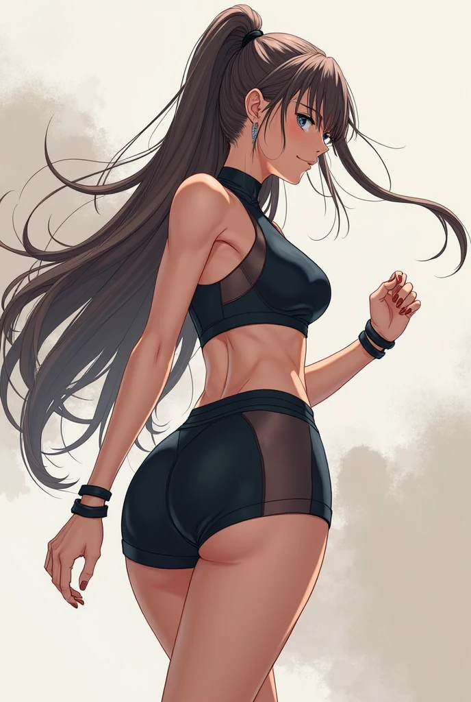 (masterpiece), (highest quality:1.2), 1 female, 26 years old, (masterpiece:1.3), exquisite details, highest qualityの8K解像度, Super detailed, reality, bright colors, soft tones, With warm and gentle lighting,  (mulberry brown hair:1.4, long high ponytail:1.6), (No sleeve:1.4, shorts), attractive appearance, (big gray eyes), (B cup breasts, Trained abs, big and firm butt)