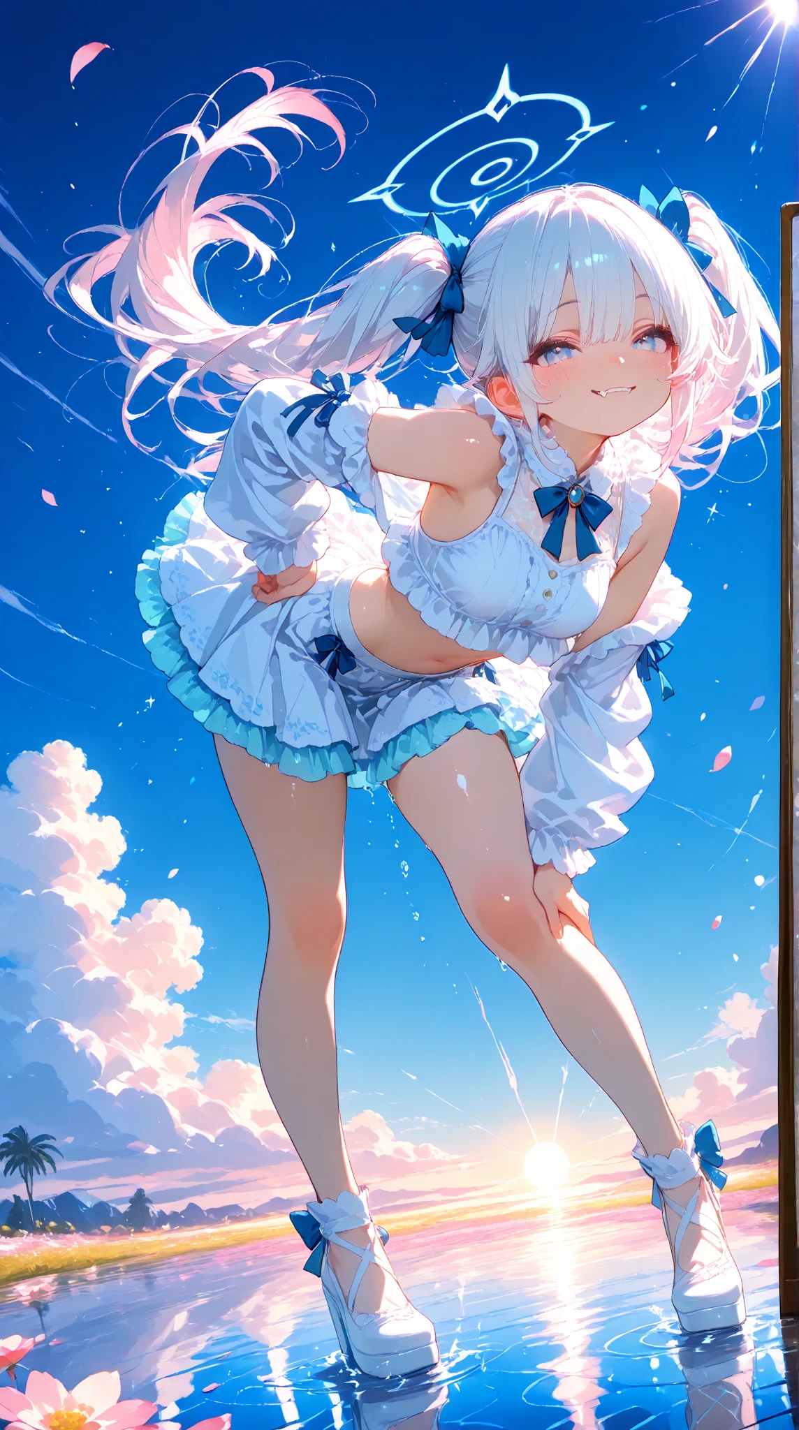 (Super detailed、Ultra-high resolution、Detailed Background)、((Flat Color))、((colorful))、((浮かぶcolorfulな水))、A maid cafe employee、Body paint on the whole body、Pop tattoo on the butt、Big Breasts、Sexy Random Pose、Angle seen from behind、
(Medium Hair、Vermilion blue silver hair、hair ornaments)、Beautiful blue eyes、Beautiful red lip、(White Micro Mini Dress、choker)、TWICE's Tzuyu' on pause、(fun、smile、A rich expression)、Butt、
I can see her white panties、Tiny Panties
