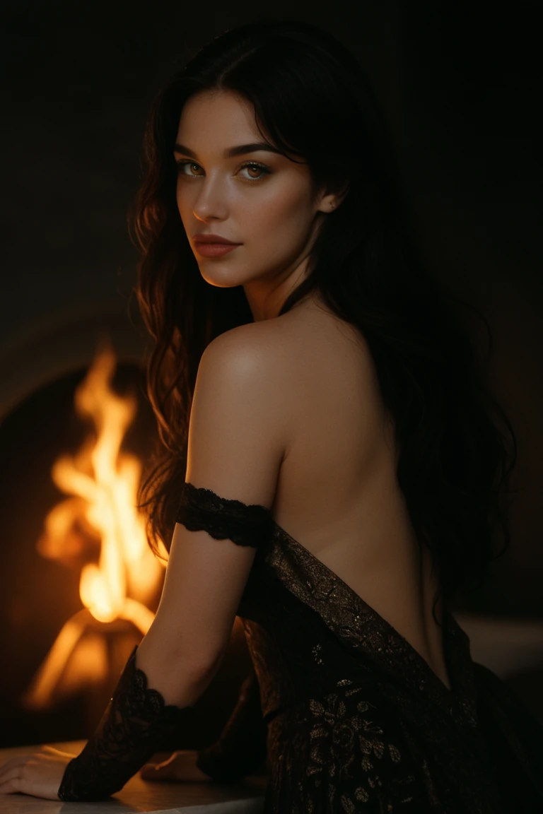 Portrait, (((photorealistic portrait))), (((hyperrealistic portrait))). Beautiful (young sexy woman), long dark hair, (beautiful face), (((correct anatomy, correct body proportions))), correct hands, holding (skull vessel)), (dressed) in black (((erotic dress) )), against the backdrop of an old abandoned castle, standing ((in front of a bonfire)), fiery pentagram, late evening, dark, dramatic sky, firelight., 8k uhd, dslr, soft lighting, quality, film grain, Fujifilm XT3