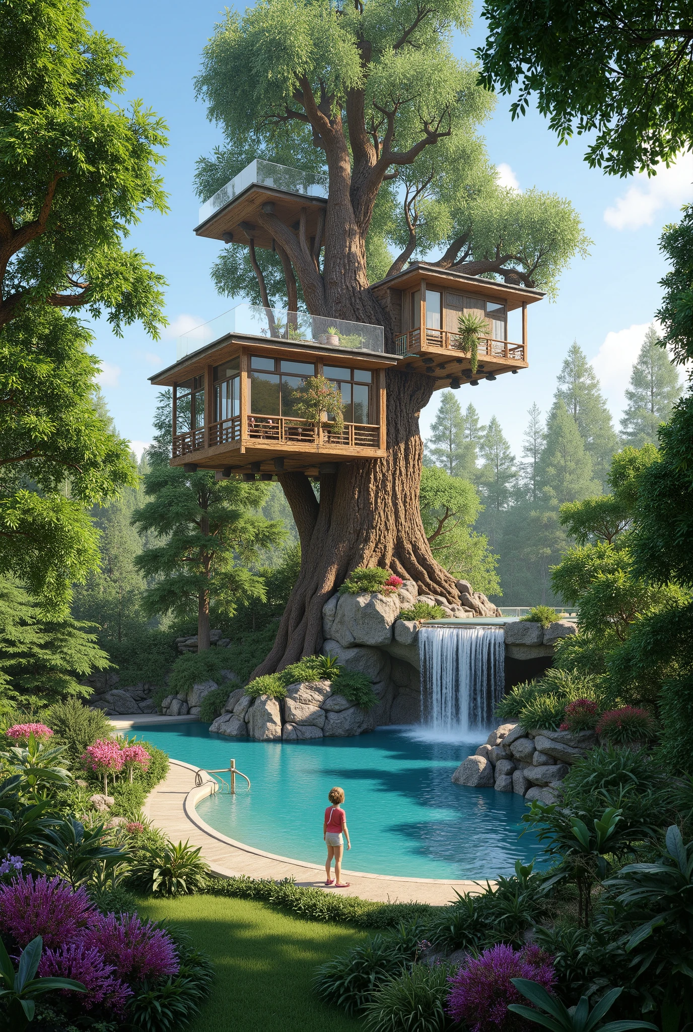 (treehouse:1.5),(巨木のレッドウッドの上にある巨大treehouse:1.5),(treehouse:1.5),(a modern 3-storey mansion with huge trees:1.5)、There's a gorgeous pool、(a waterfall cascading down from natural bedrock:1.5)、a girl is standing、(巨木のレッドウッドの上にある巨大treehouse:1.5)