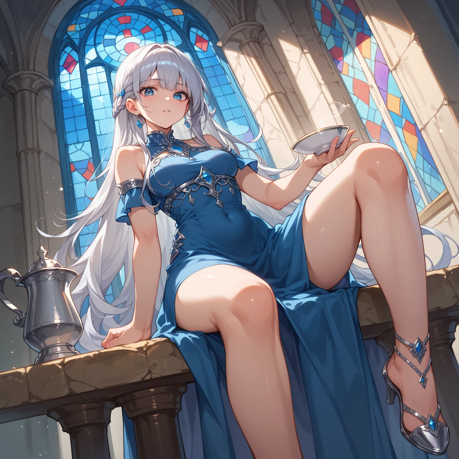 Masterpiece, 30 years age, female, long Silver hair, wearing mermaid headband, pearl necklace, Slanted eyes, blue navy sexy dress, high heels, sitting Cross your legs, smile expression, with a sharp gaze, beautiful face, close up