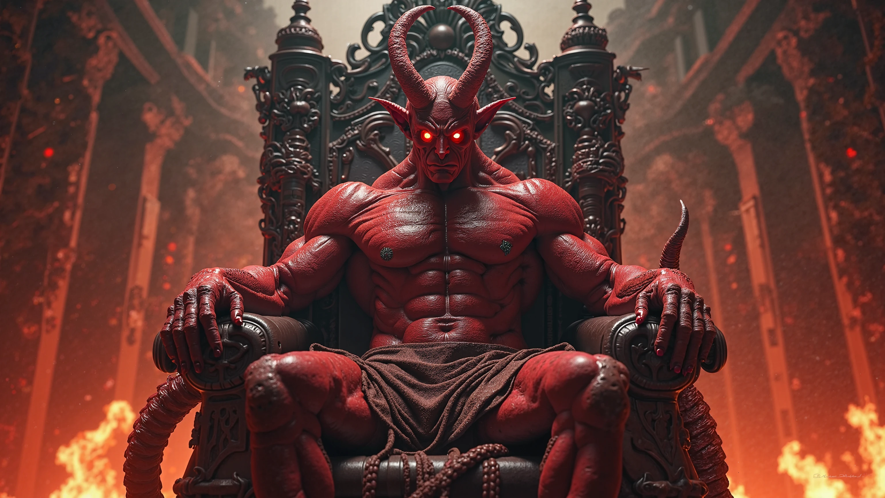 satan on his ruling throne, red skin, chubby, hairy, high resolution, ultra-detailed, sharp focus, detailed eyes, symmetrical eyes, expressive eyes, clear pupils, vibrant eyes, focused gaze , king's expression is intimidating with a sense of authority, solo, masterpiece, best quality, male, mature, manly, nipples, photorealistic, 8k, (wide dynamic range, hdr:1.2), sitting, (night:1.2), light, looking at viewer, pose, jockstrap with large bulge in the middle,full body, spread legs, shadow, leaning back, hell, very short fur, detailed skin texture, high contrast lighting, feet,