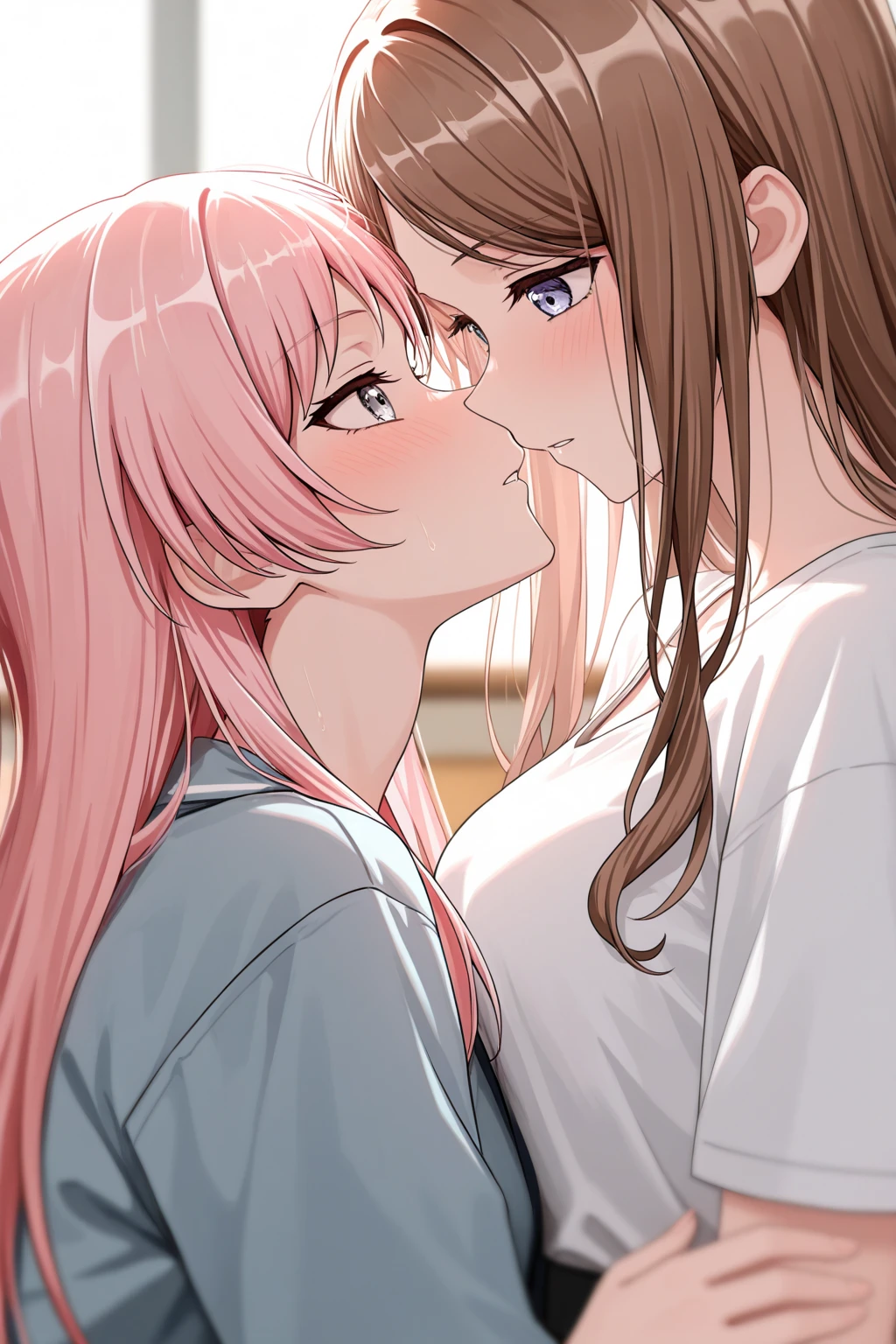 masterpiece, best quality, 2girls, different hair colour, different clothes, kiss, blush, saliva, from above,, lying, <lora:qqq-french_kiss-v1:1>