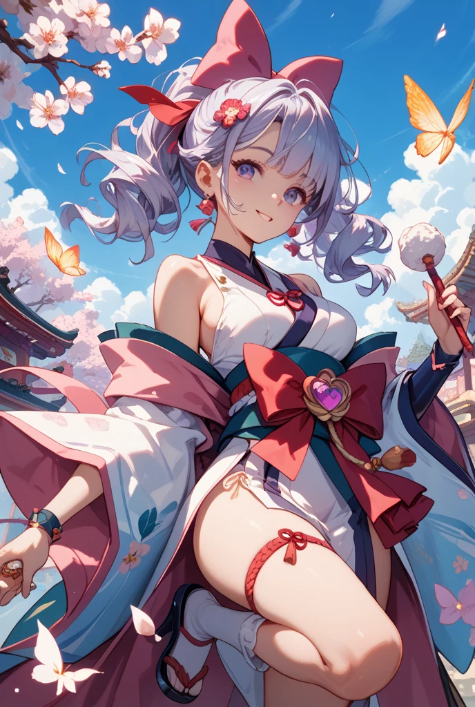 best quality, 32k, RAW photo, sakura maiden, an innocent and beautiful girl like a cherry blossom, glossy messy pixie cut, cherry blossom kimono, translucent and fluttery pastel colored hagoromo, sensual expression, mysterious, incredibly absurdres, extremely detailed, delicate texture, background iridescent pastel color, blooming profusely, cherry blossoms, cherry blossom petals, dancing petals, scattered gold dust, wind, motion-blur, action-lines, fantasy