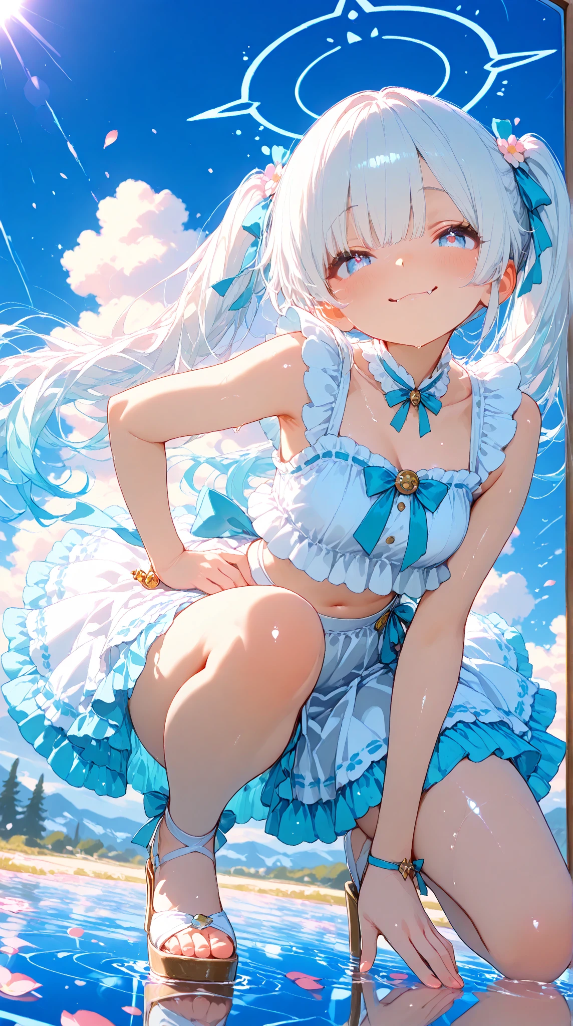 2girl girl silver long twin tails cute little face light blue detailed lace lingerie summer seaside short dress Skirt in the wind skirt lift buckshot Uplifting dynamic pose rich expression smile