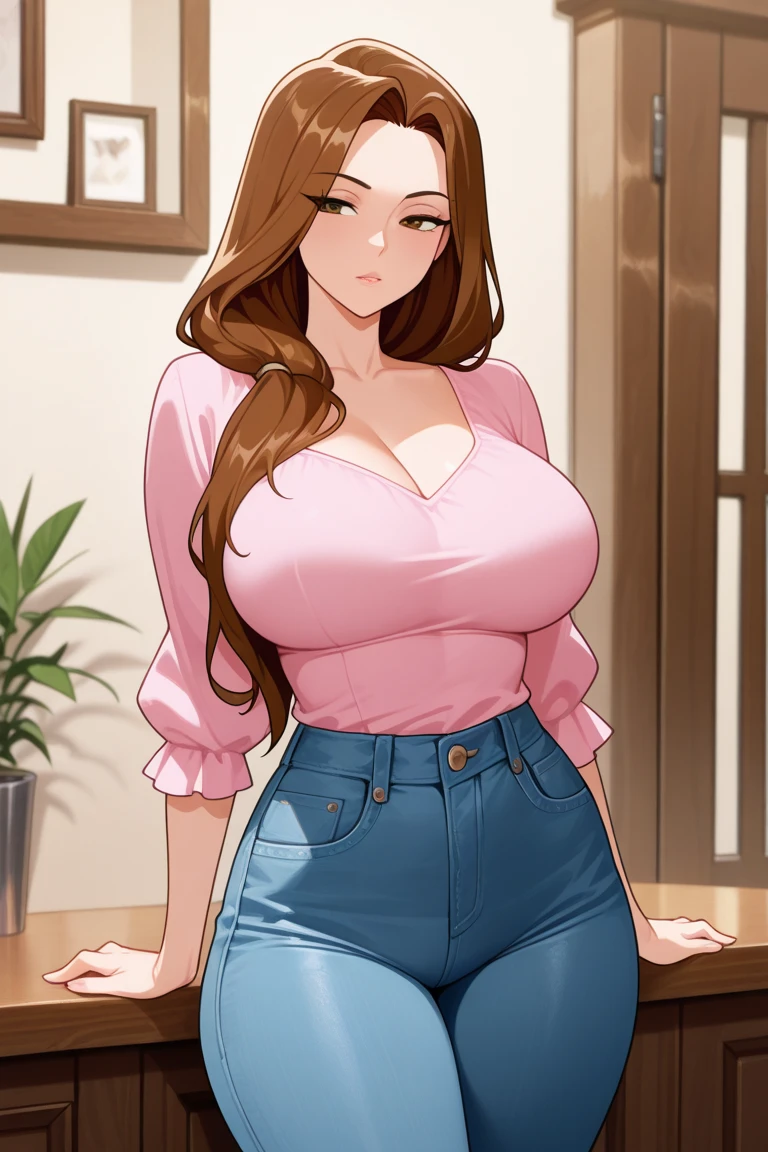 Hot middle-aged woman, brown hair, full pink lips, beautiful and delicate face, flushed cheeks, sensual expression, blue eyes, huge breasts, thin waist, thick thighs, big butt, oily and shiny skin. She is wearing a white blouse with a low neckline. Pink pants that are very tight to her body. She is in the living room holding a glass of wine in a sexy way.