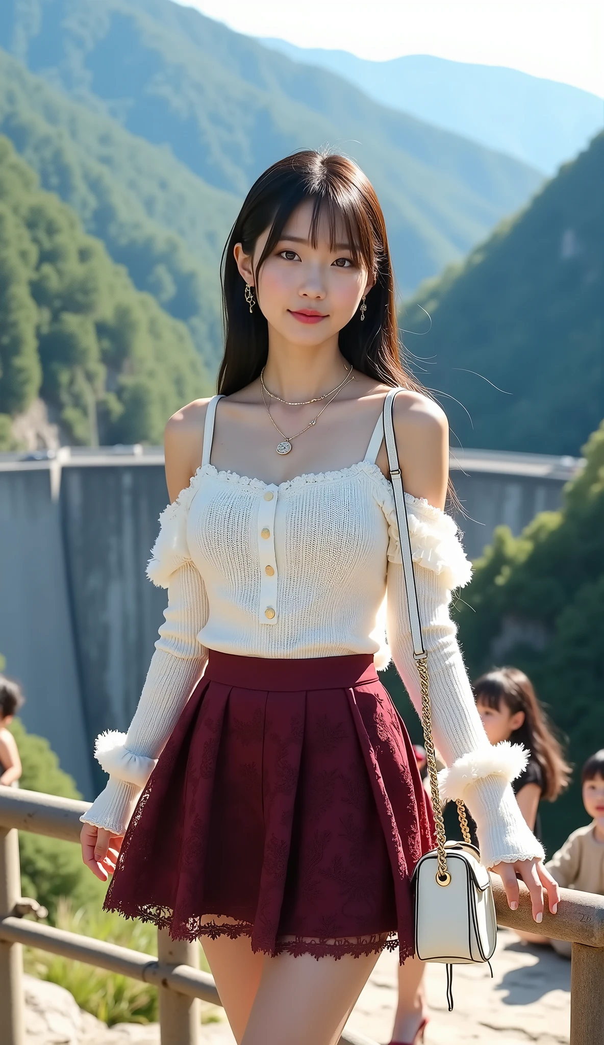 ((full body shot:1.5))、(A petite young Japanese woman touring a mountain tourist spot)、Large dam surrounded by forest in the background、tourists、woman looking at the dam while being held by a fall prevention fence、((dating))、morning、big smiles、((white off-shoulder knitted sweater with lace frills))、(burgundy lace ruffled flared mini skirt)、beautiful thick thighs、white frilly socks、wine-red pumps、small white shoulder bag、simple necklace、Simple Ring、simple earrings、white skin、BEAUTIFUL BLACK HAIR、straight long hair、light makeup、(dynamic pose:1.4)、(Beautiful huge breasts)、Accurate depiction of hands and feet、RAW pictures、16K、Reality、professional photography techniques、Ultra High Definition、16K、Real Photo