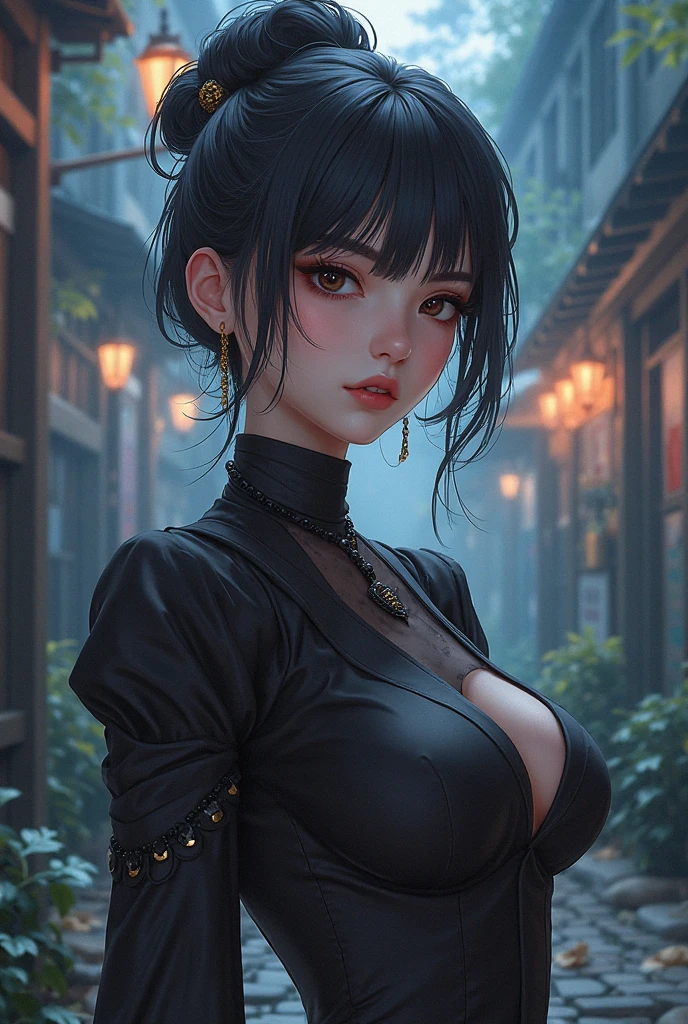 Surreal、A masterpiece of delicate and detailed line drawing、Highest quality、Highest quality、(One Woman、、(Big Breasts:1.1)、(Black Hair、Hime cut, short hair:1.2)、(Natural Makeup、Eyelash extensions、Draw eyelashes sharply、Eyebrows are thin and short、Deep orange blush:1.1)、(Gazing at the audience, Spaced out、Looks sleepy、Mouth open、Slightly red cheeks:1.3)、(Simple black hair accessories、Gothic dress with exposed chest:1.3))、Dark Rose Gardens、Purple Rose、(Blur the background:1.3)、(Top view of the subject:1.1)、Photo from thigh up