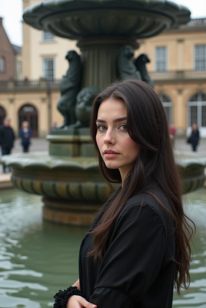 Young brunette woman in the Volga river, pale white skin, long hair, black dress, slightly chubby face, award winning photo, riverside, waters are flowing, Russian orthodox church in the background, vibrant, in riverdale tv show
