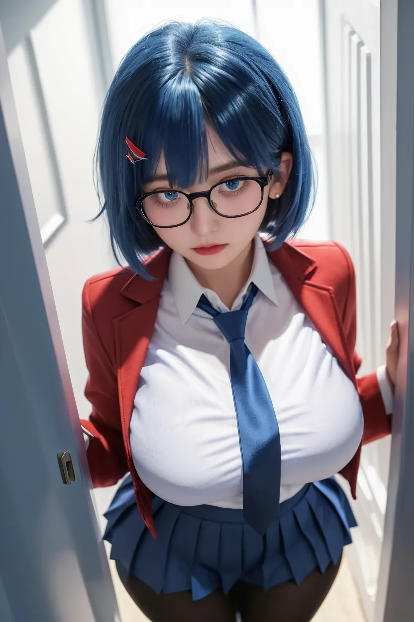 Big Tits、White rider suit、Blue Hair、Plump、Round Glasses
