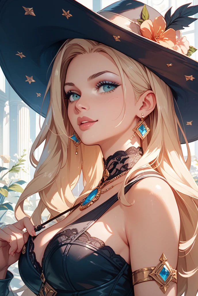 dark magician girl, duel monster, 1girl, blonde hair, breasts, choker, cleavage, wizard hat, long hair, ((((micro bikini)))), pentacle, bare shoulders, wizard hat, solo, smile, large breasts, blush stickers, aquatic park, Party
