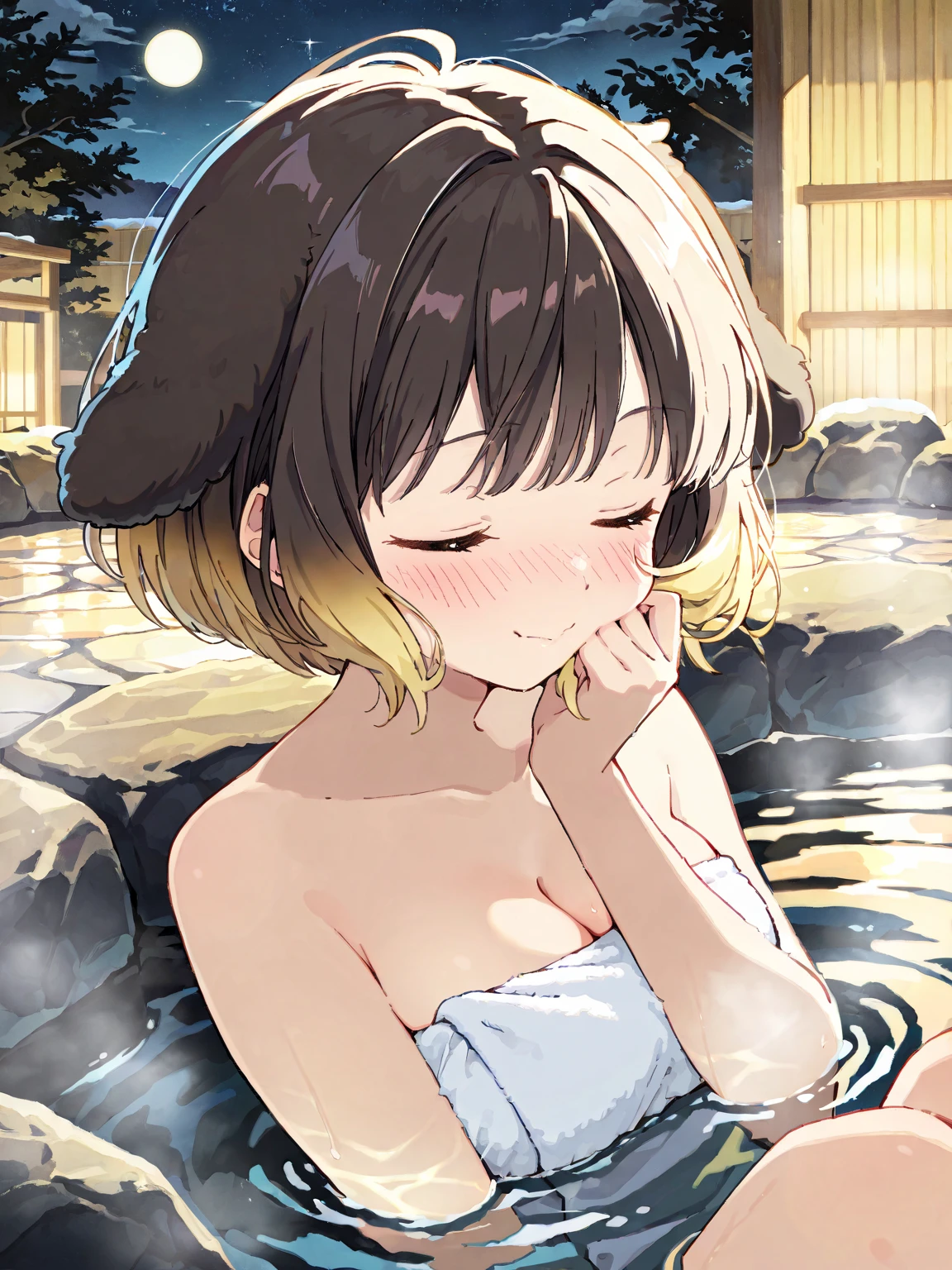 high quality, best quality, masterpiece, absurdres, hayasaka mei, 1girl, <lora:mei:0.75>, onsen, naked_towel, towel, wet, steam