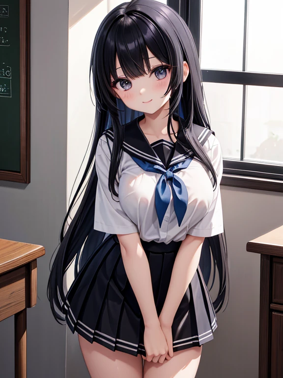 Anime Waifu beautiful detailed eyes, beautiful detailed lips, extremely detailed eyes and face, longeyelashes, 1girl, sensual, young woman, medium breasts, beautiful feminine face, nice thighs, slim, sexy, erotic, beautiful clothes, perfect body, cinematic lighting and framing, (best quality,4k,8k,highres,masterpiece:1.2),ultra-detailed,digital painting,portrait,glamorous,highly detailed,soft lighting,warm color tones (((Upper Body、Shooting from below))、(((Accentuate your breasts、Shiny underwear、、Uniform Sailor Suit、mini skirt)))、Highest quality, 8k, masterpiece :1.3)), whole body, Sharp focus :One Girl,Glowing Skin,SSexy pose,Highest quality,Tabletop,shape,Very delicate and beautiful,Hmph,8k wallpaper,wonderful,In detail,Official Art,Very detailedなティッカーUnity 8k wallpaper,Incredibly ridiculous,Large file size,Very detailedな,High resolution,Very detailed,Beautiful detailed girl,Realistic,X-ray,The queue is full,(((Uniform Sailor Suit、mini skirt)))、(((Big Breasts、Black Hair、Uniform Sailor Suit、chool、classroom)))、Stand upright、Cleavage , ((Long black hair、))、Uniform Sailor Suit、exy pose、Hairstyle: Ponytail、both hands