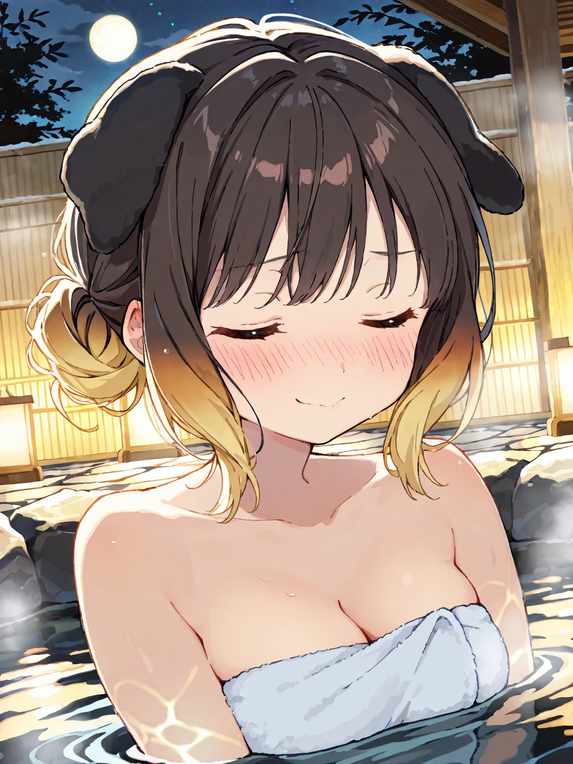 nsfw, (wearing nothing: 1.5), large breasts., 1 girl,, cooking, empty eyes ,, , ahoge, brown hair, , street, shrine, sea, long hair, hair bow, sea, Outdoor,Streetscape, The highest valley、 nipple , wet