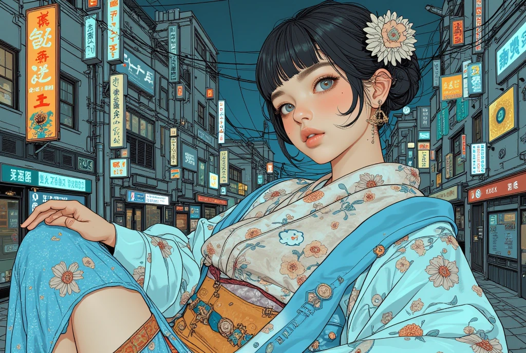 Half-body picture, better quality, work of art, Ultra high resolution, (realism: 1.4), original photo, (Realistic skin texture: 1.3), (Film texture: 1.3), (Selfie corner), 1 woman, Beautiful big eyes and facial details, long hair,In a kimono, charming, open shoulders, work of art, better quality, looking at the audience